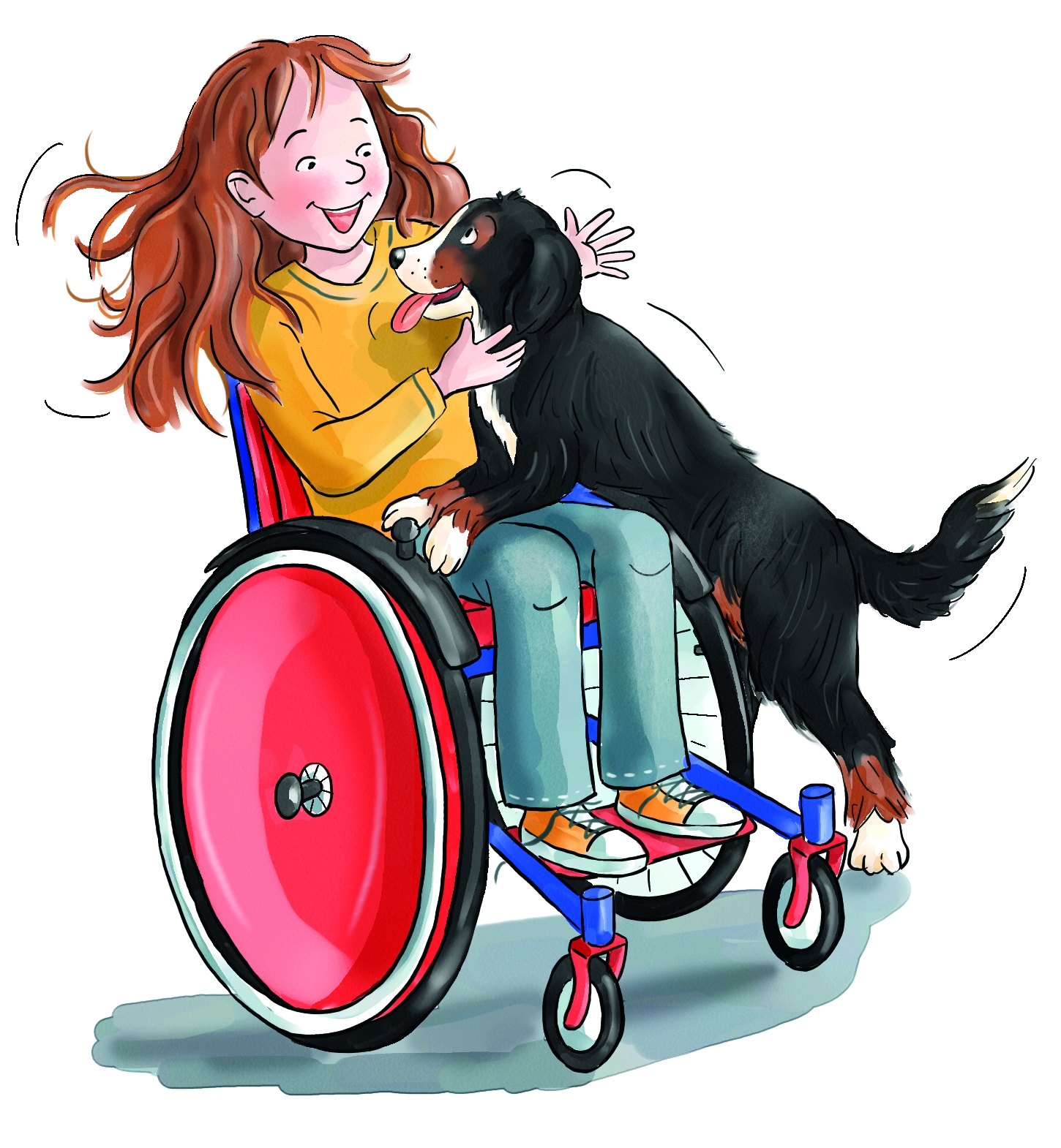 Lotta sitzt im Rollstuhl und wird euphorisch von ihrem Hund Einstein begrüßt.